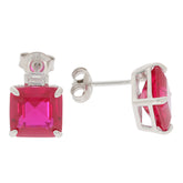 Emerald Red Ruby Sterling Silver Earrings showcasing sparkling square-cut gemstones with elegant silver setting.